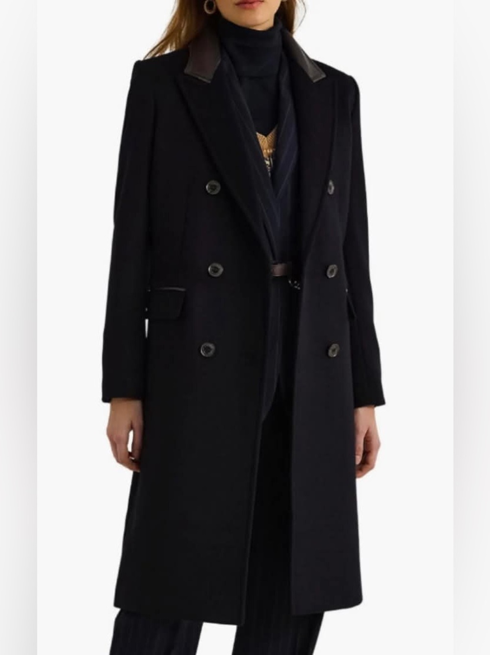NWOT Lauren Ralph Laure Faux Leather Trim Double Breasted Wool Blend Reefer Coat